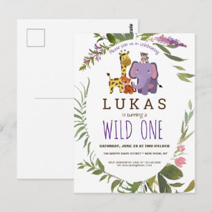 Carte Postale Garçons Jungle Safari animal 1er anniversaire Invi