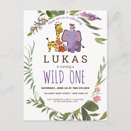 Carte Postale Garçons Jungle Safari animal 1er anniversaire Invi (Devant)