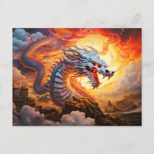 Carte Postale Gardien Rouge Dragon Chinois Pinceau Air Flamme Do