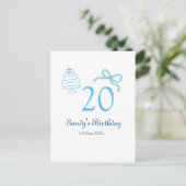 Carte Postale Gâteau à ruban bleu pour 20e anniversaire nom date (Debout devant)