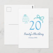 Carte Postale Gâteau à ruban bleu pour 20e anniversaire nom date (Devant / Derrière)
