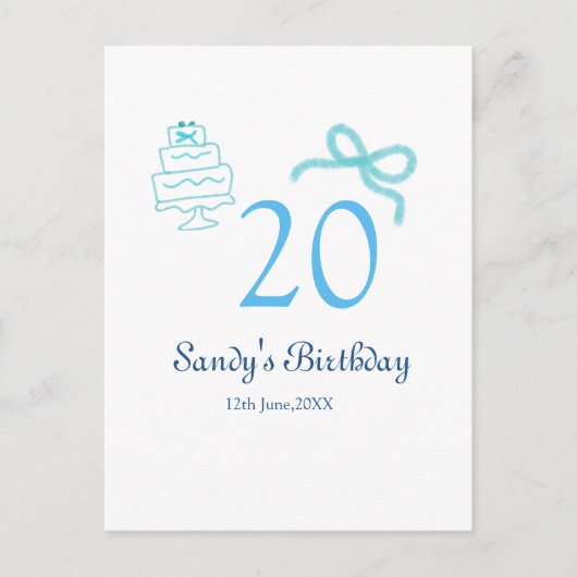 Carte Postale Gâteau à ruban bleu pour 20e anniversaire nom date (Devant)
