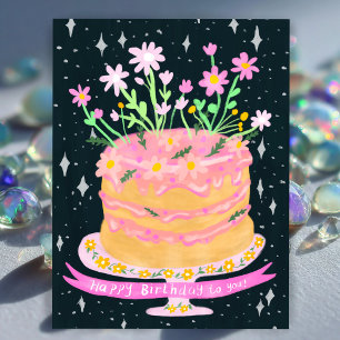 Carte Postale Gâteau amusant d'anniversaire avec gouache de fleu