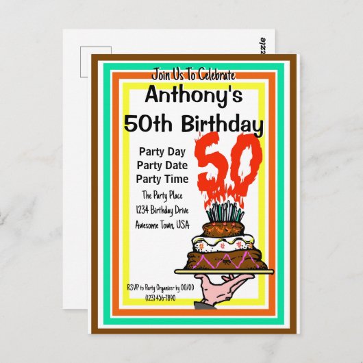 Carte Postale Gâteau au chocolat pour fête d'anniversaire 50 ans (Devant / Derrière)