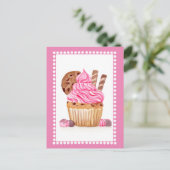 Carte Postale Gâteau Cupcake Rose Aquarelle Avec Anniversaire Ch (Debout devant)