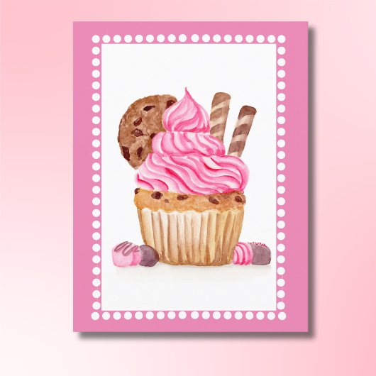 Carte Postale Gâteau Cupcake Rose Aquarelle Avec Anniversaire Ch
