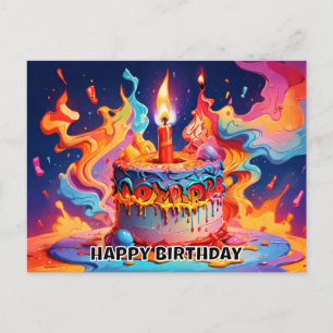 Carte Postale gâteau d'anniversaire couleurs psychédéliques anni
