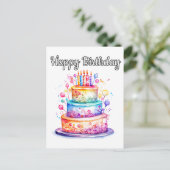 Carte Postale Gâteau d'anniversaire de fête coloré et mignon (Debout devant)