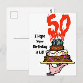 Carte postale Gâteau d'anniversaire en feu avec 50 (Devant / Derrière)