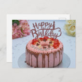 Carte Postale Gâteau d'anniversaire frais joyeux nappe blanche f (Devant / Derrière)