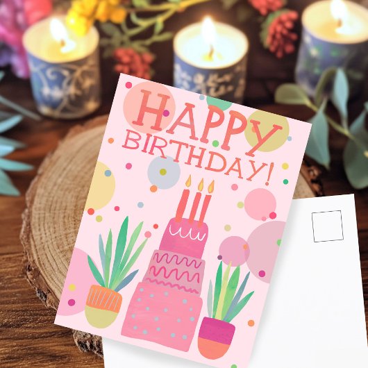 Carte Postale Gâteau d'anniversaire joyeux couleur mignonne rose