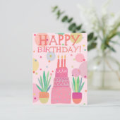 Carte Postale Gâteau d'anniversaire joyeux couleur mignonne rose (Debout devant)