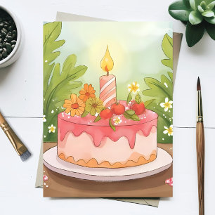 Carte Postale Gâteau d'anniversaire rose Joyeux Anniversaire