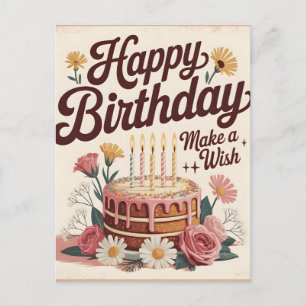 Carte Postale Gâteau Floral Vintage "Joyeux Anniversaire - Fais