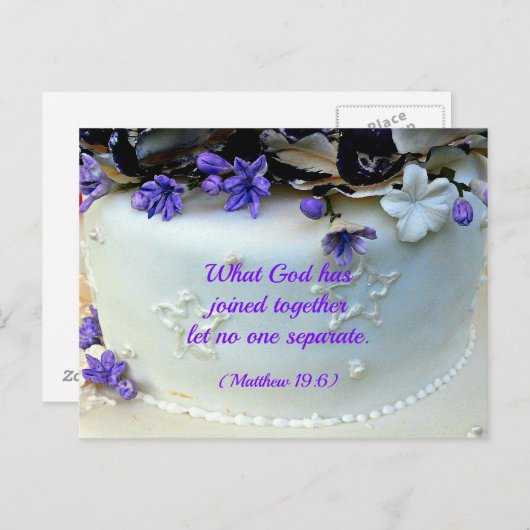Carte Postale Gâteau mariage aux fleurs violettes avec verset de (Devant / Derrière)