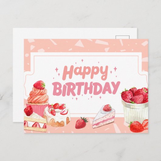 Carte Postale Gâteaux aux fraises aquarelle Joyeux Anniversaire (Devant / Derrière)