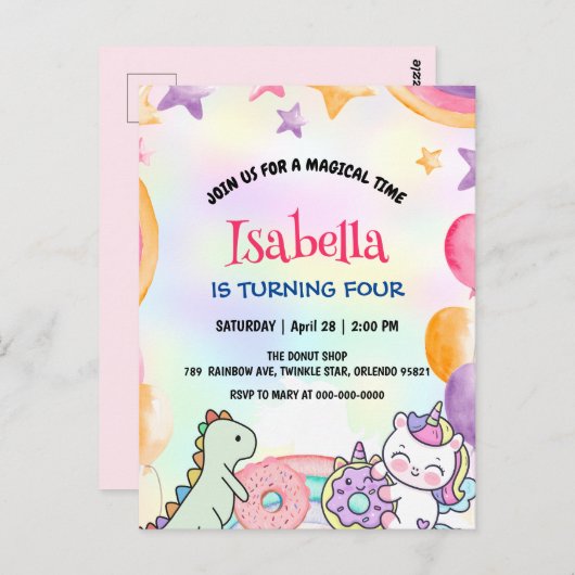 Carte Postale Gâteaux Donuts Dino Licorne Anniversaire Fête Arc- (Devant / Derrière)