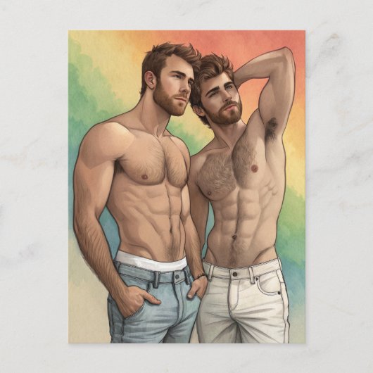 Carte Postale Gay Pride Affection : Duo à l'aquarelle (Devant)