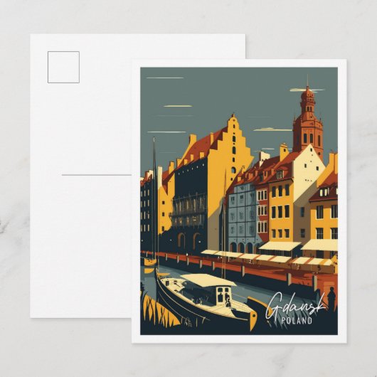 Carte Postale Gdansk Pologne Illustration de voyage artisanale (Devant / Derrière)