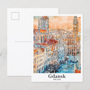 Carte Postale Gdansk Pologne Voyage Aquarelle main tirée