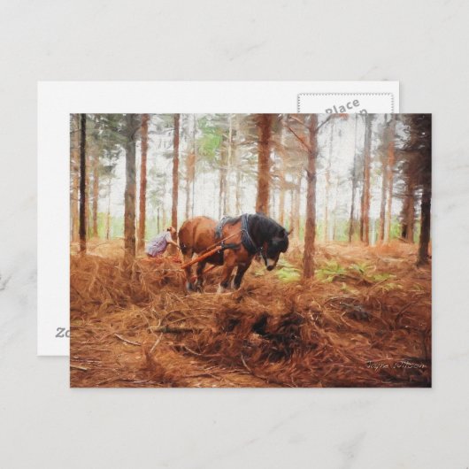Carte Postale Géant doux - Cheval à l'oeuvre dans la forêt (Devant / Derrière)