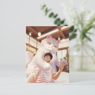 Carte Postale Géant Fluffy : Selfie de chat blanc dans un café r