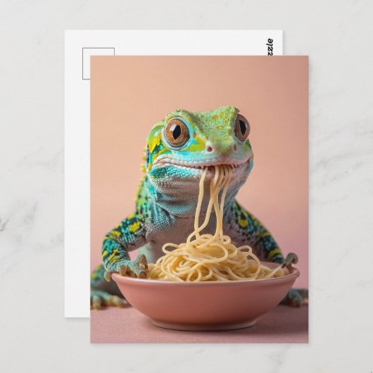 Carte Postale Gecko Drôle Manger Spaghetti (Devant / Derrière)