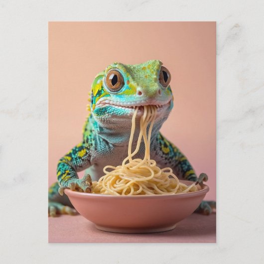 Carte Postale Gecko Drôle Manger Spaghetti (Devant)