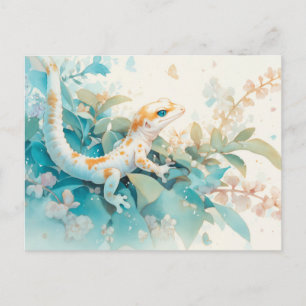Carte Postale Gecko léopard avec tache orange et feuille tropica