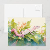 Carte Postale Gecko léopard avec tache rose et fleur de lys (Devant / Derrière)