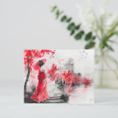 Carte Postale Geisha chinois aquarelle sur un pont (Debout devant)