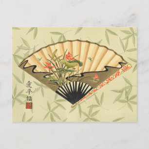 Carte Postale Geisha Fan avec Feuille et Floral Print