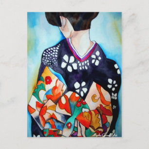 Carte Postale Geisha japonais avec kimono bleu art original