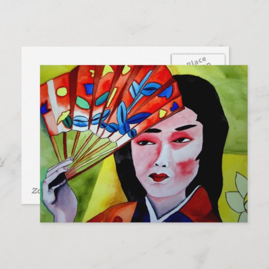 Carte Postale Geisha japonais avec ventilateur aquarelle origina (Devant / Derrière)