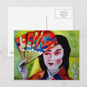 Carte Postale geisha japonaise avec ventilateur (Devant / Derrière)