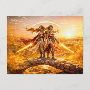 Carte Postale Gémeaux Zodiaque avec deux femmes guerrières jumel