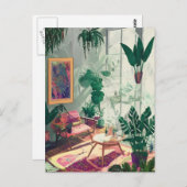 Carte postale générée par IA avec salon et plantes (Devant / Derrière)