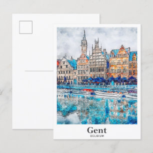 Carte Postale Gent Belgique Voyage Aquarelle main tirée