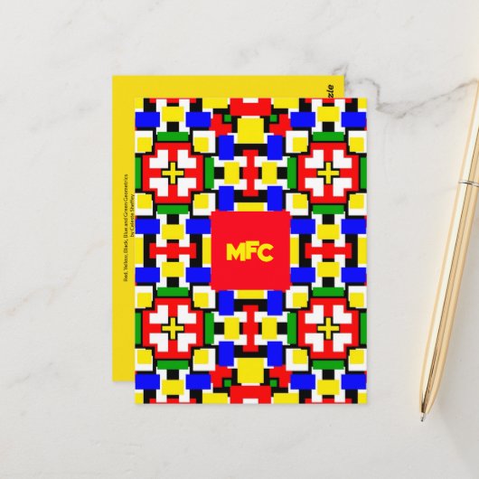 Carte Postale Géométrie rouge, jaune, noir, bleu et vert (Devant/Arrière en situation)