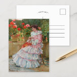 Carte Postale Geraniums | Childe Hassam<br><div class="desc">Geraniums (c. 1888-1889) | Oeuvre originale du peintre impressionniste américain Childe Hassam (1859-1935). La pièce représente une femme vêtue d'une robe rose et blanche,  assise dans un jardin,  entourée de fleurs roses et rouges vibrantes. Utilisez les outils de conception pour ajouter du texte personnalisé ou personnaliser l'image.</div>