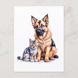 Carte Postale German Shepherd Puppy And Maincoon Kitten