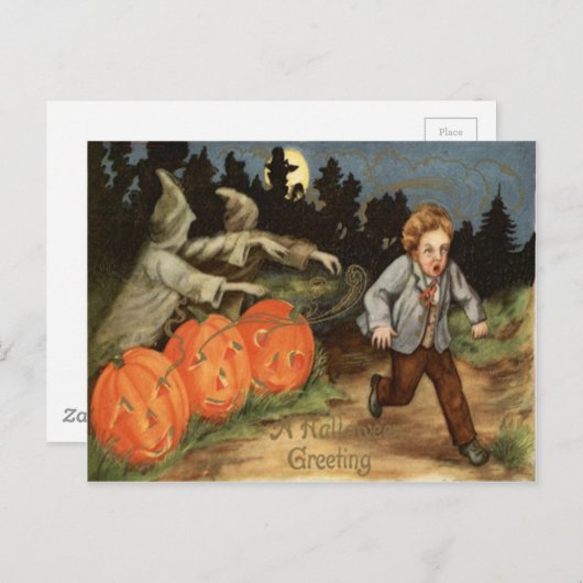 Carte Postale Ghost Jack O' Lantern Scared Boy Moon (Devant / Derrière)