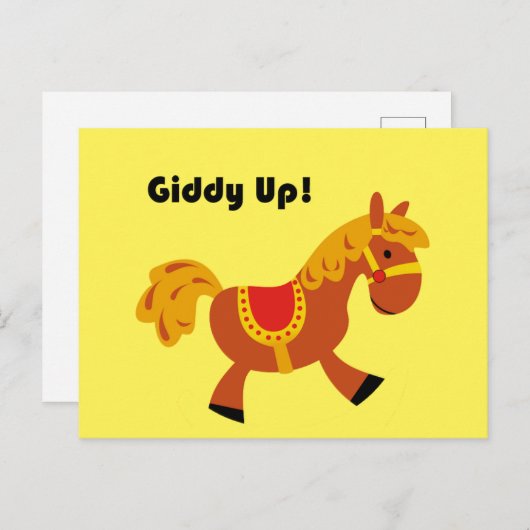 Carte Postale Giddy Up Cheval Brown à selle, Caricature mignonne (Devant / Derrière)