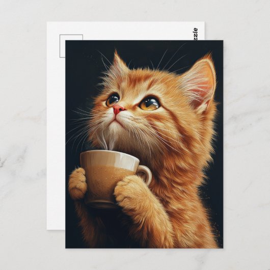 Carte Postale Gingembre doux Kitty avec un café (Devant / Derrière)