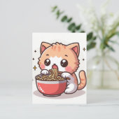 Carte Postale Gingembre et chaton blanc manger Ramen (Debout devant)