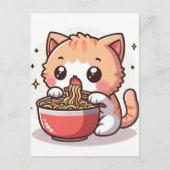 Carte Postale Gingembre et chaton blanc manger Ramen (Devant)