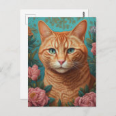 Carte Postale Gingembre Tabby Chat et pivoines (Devant / Derrière)
