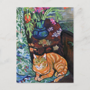 Carte Postale Ginger Cat et Bouquet de Fleurs par Valadon