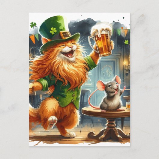 Carte Postale Ginger Cat et une souris avec la bière St Pats (Devant)