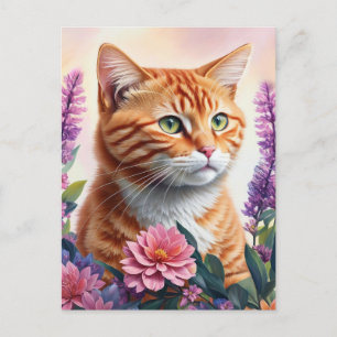 Carte Postale Ginger Cat Floral Multicolor Art